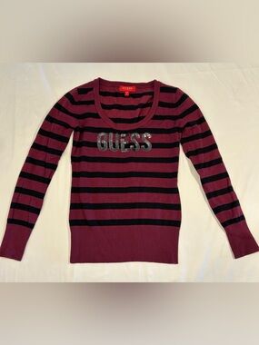 GUESS Burgundy & Black Striped Knit Top